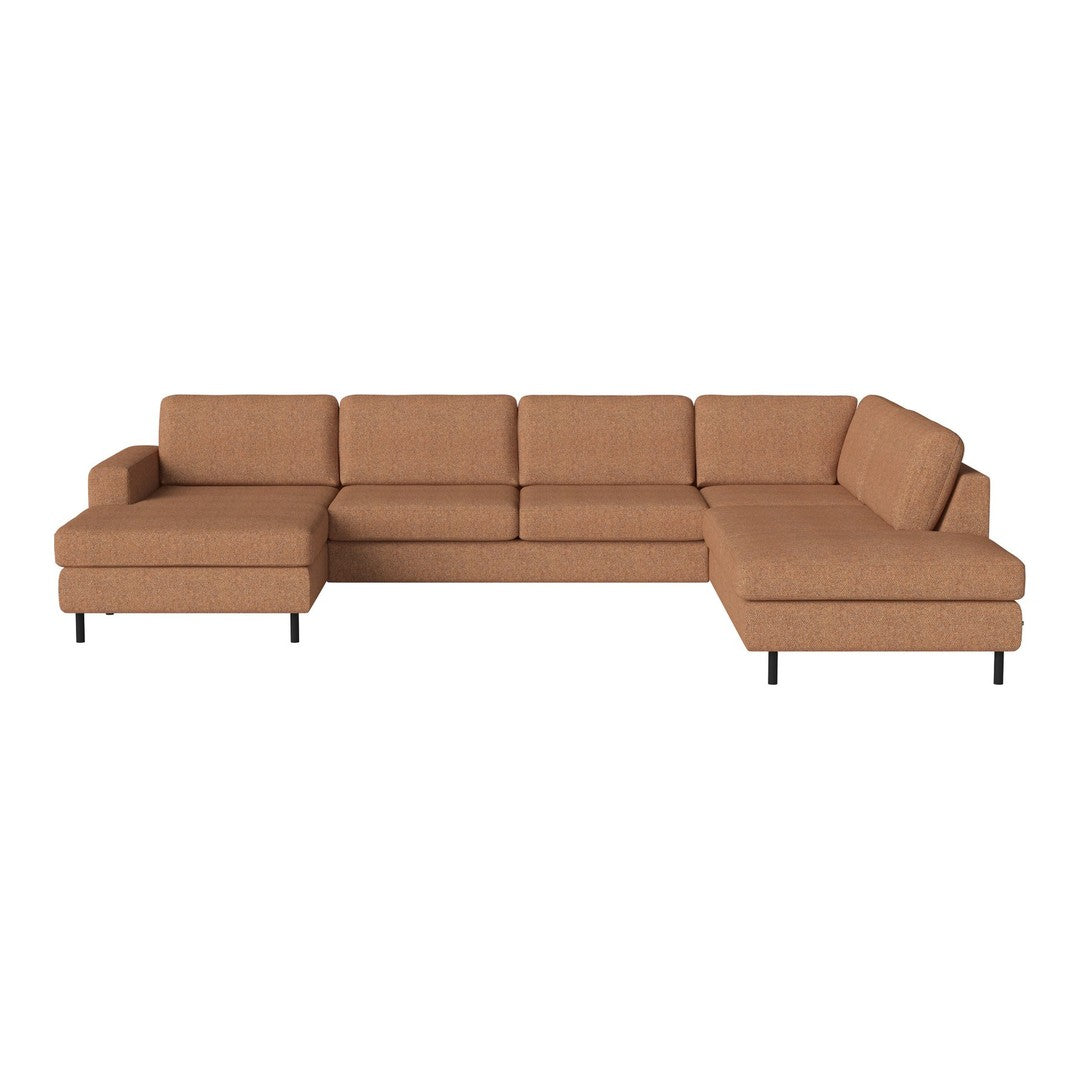 Brown sectional sofa with a textured fabric and clean lines, featuring solid black metal legs for a modern look.
