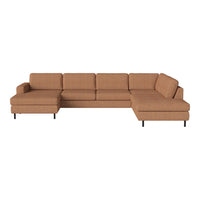 Brown sectional sofa with a textured fabric and clean lines, featuring solid black metal legs for a modern look.