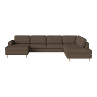 Brown sectional sofa with a smooth fabric texture and clean lines, featuring a modern, minimalist design.