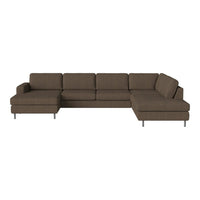 Brown sectional sofa with a sleek design and soft upholstery, featuring a solid color and modern structure.