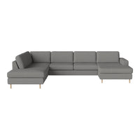 Gray sectional sofa with a minimalist design and clean lines, featuring solid fabric and wooden legs for a modern look.