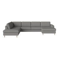 Gray sectional sofa with a modern design, featuring smooth fabric and clean lines, accentuated by light wooden legs.