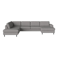 Gray sectional sofa with a modern design and clean lines, featuring a smooth fabric texture and subtle stitching details.