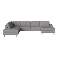 "Modern sectional sofa in soft gray fabric with clean lines and a minimalist design, featuring light wood legs."