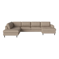 Beige sectional sofa with clean lines and soft fabric, featuring a minimalist design and black legs. Ideal for modern decor.
