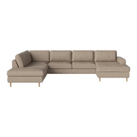 Tan sectional sofa with clean lines and textured fabric, featuring a modern design and light wooden legs.