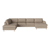 Beige L-shaped sectional sofa with a smooth fabric finish and minimalist design, featuring light wooden legs.