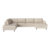Beige sectional sofa with clean lines and soft cushions, featuring a minimalist design on black metal legs.