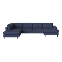 Navy blue sectional sofa with a sleek, modern design and subtle textured fabric. Perfect for contemporary living spaces.