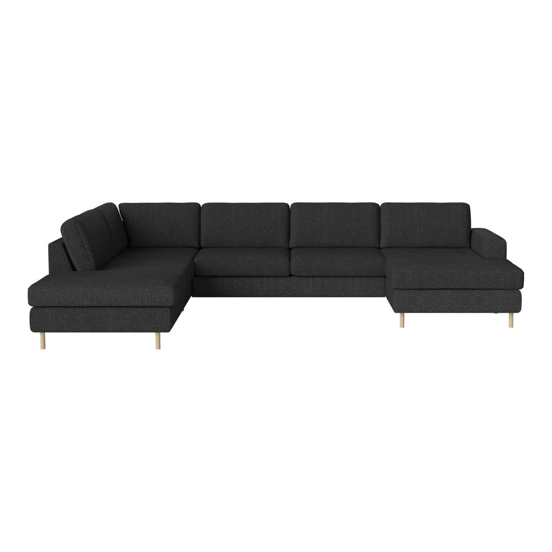 Modern L-shaped sectional sofa in dark gray fabric with clean lines and minimalist wooden legs. Perfect for any living space.