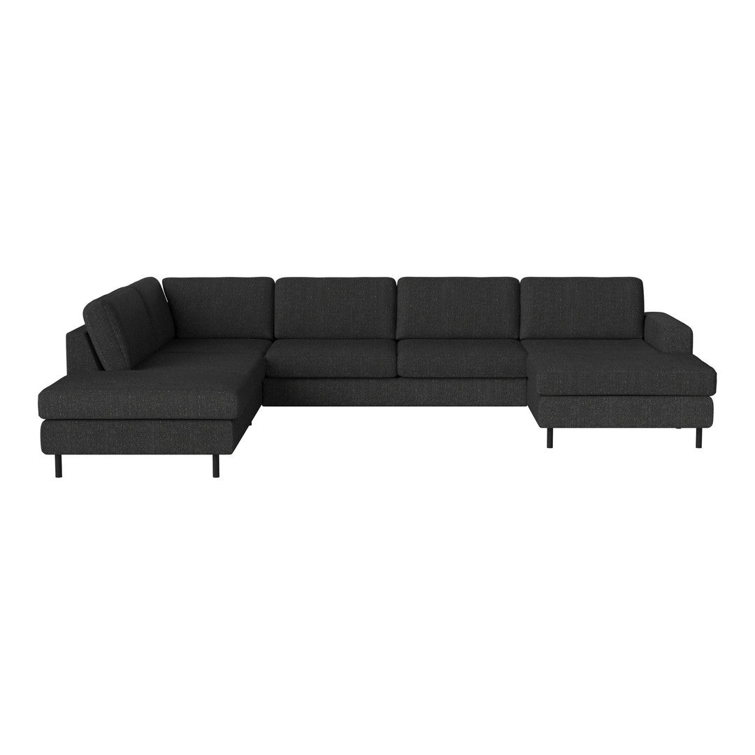 Black sectional sofa with a modern design, featuring clean lines and subtle texture for a sleek look.