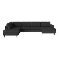 Black sectional sofa with a modern design, featuring clean lines and subtle texture for a sleek look.