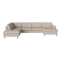 Beige sectional sofa with a modern, minimalist design featuring clean lines and a soft, textured fabric.