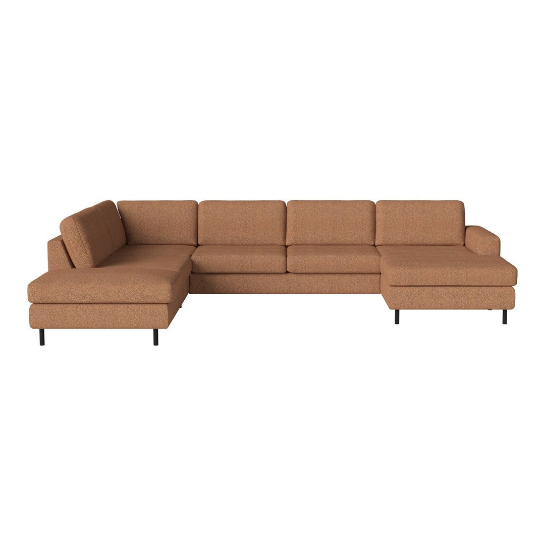 "Modern L-shaped sectional sofa in warm brown fabric with subtle textured pattern."