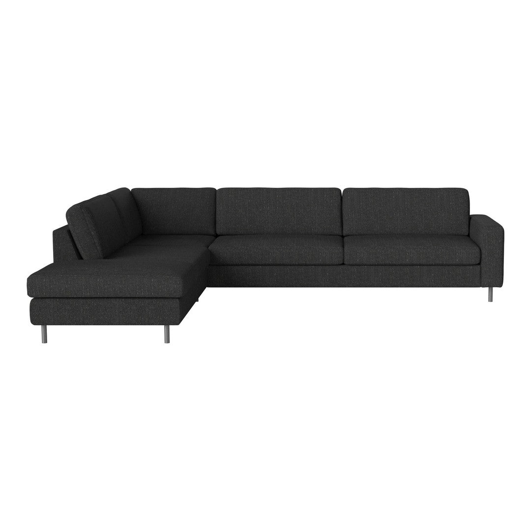 Dark gray L-shaped sofa with a smooth, modern fabric finish and clean lines for a chic look.