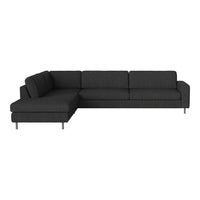 Dark gray L-shaped sofa with a smooth, modern fabric finish and clean lines for a chic look.