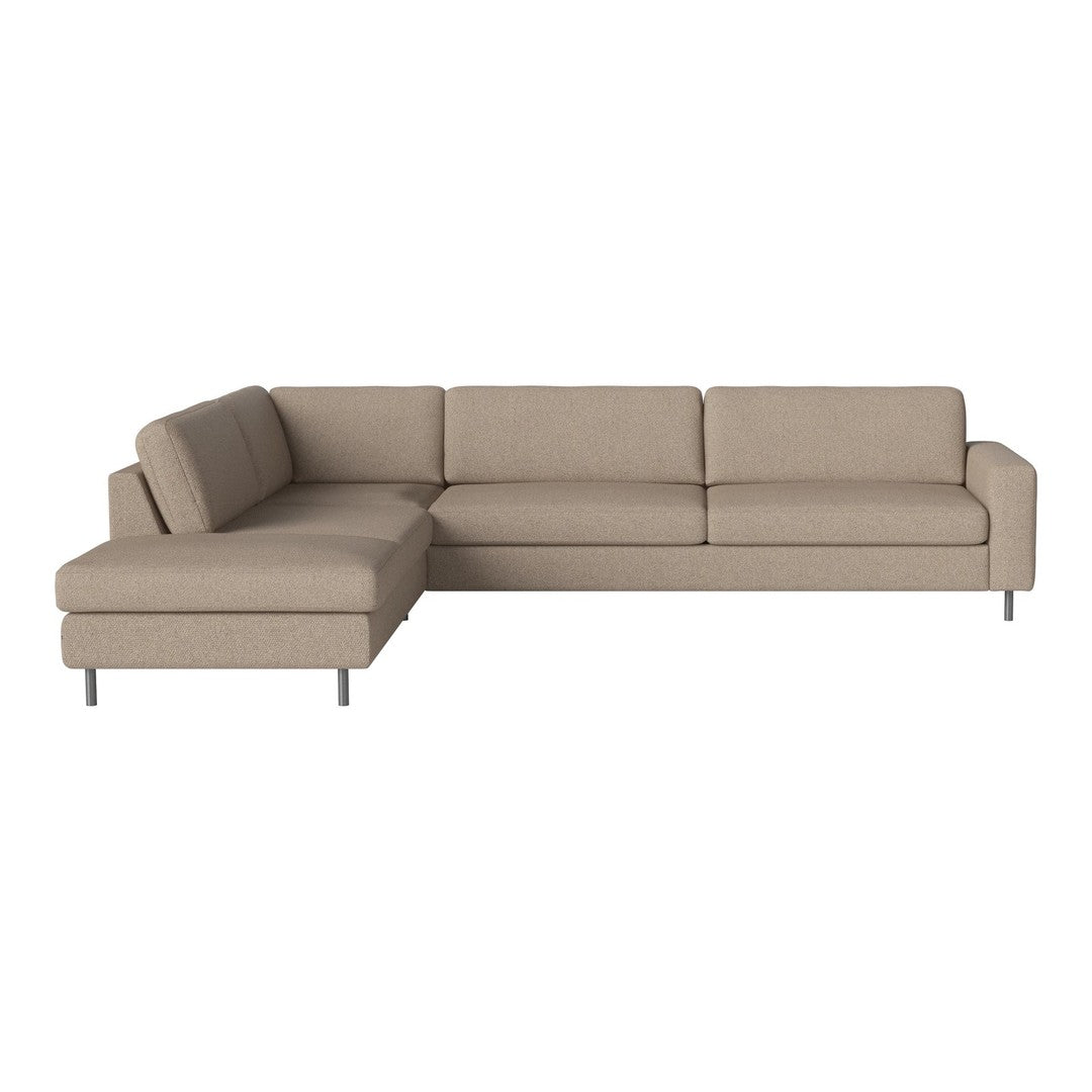 Beige sectional sofa with a modern minimalist design and sleek lines, perfect for contemporary living spaces.