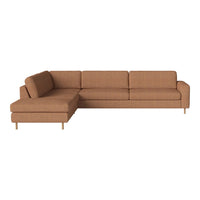 Brown fabric sectional sofa with clean lines and a modern design, featuring a minimalist aesthetic and subtle texture.