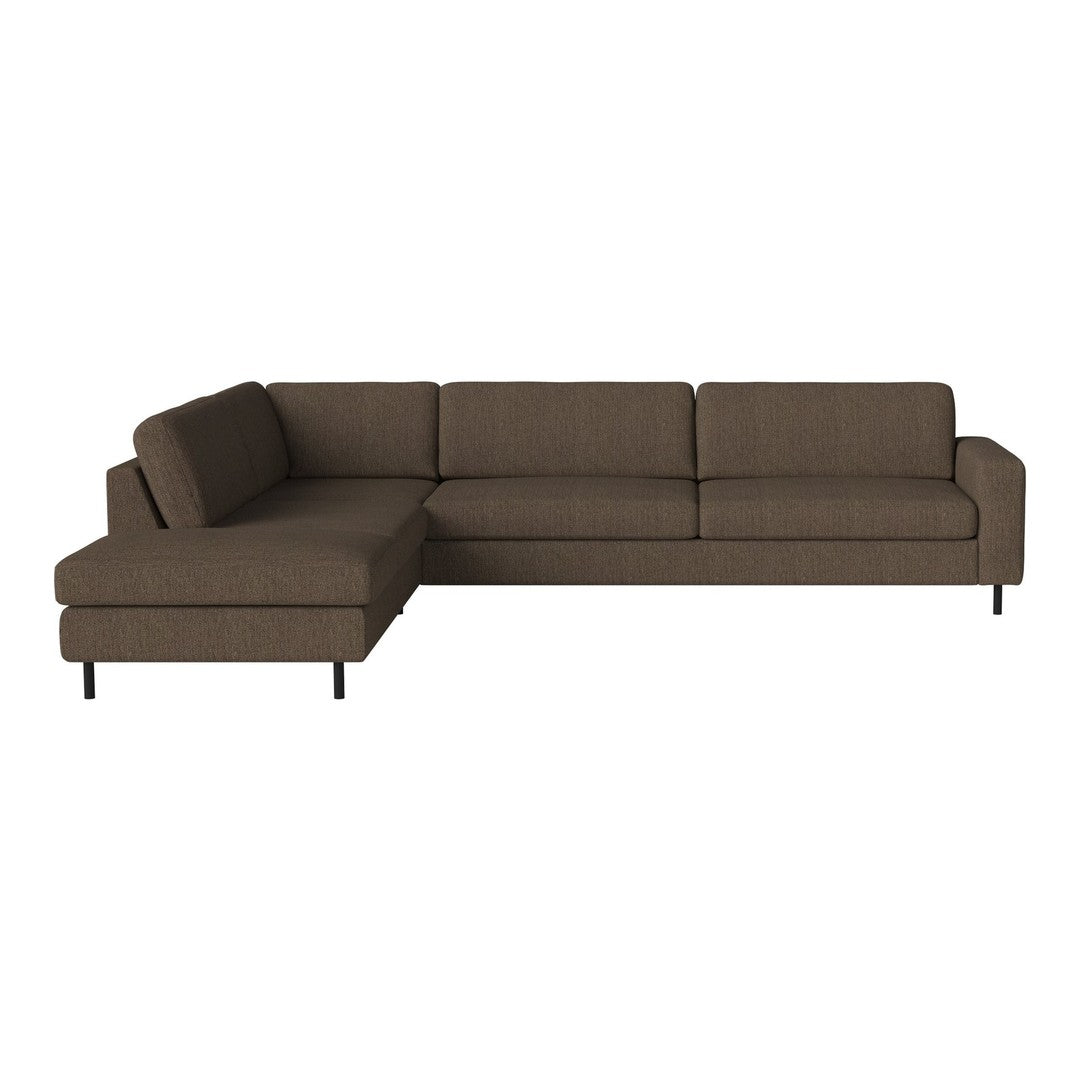 Brown sectional sofa with a sleek, minimalist design and subtle textured fabric, perfect for modern living spaces.