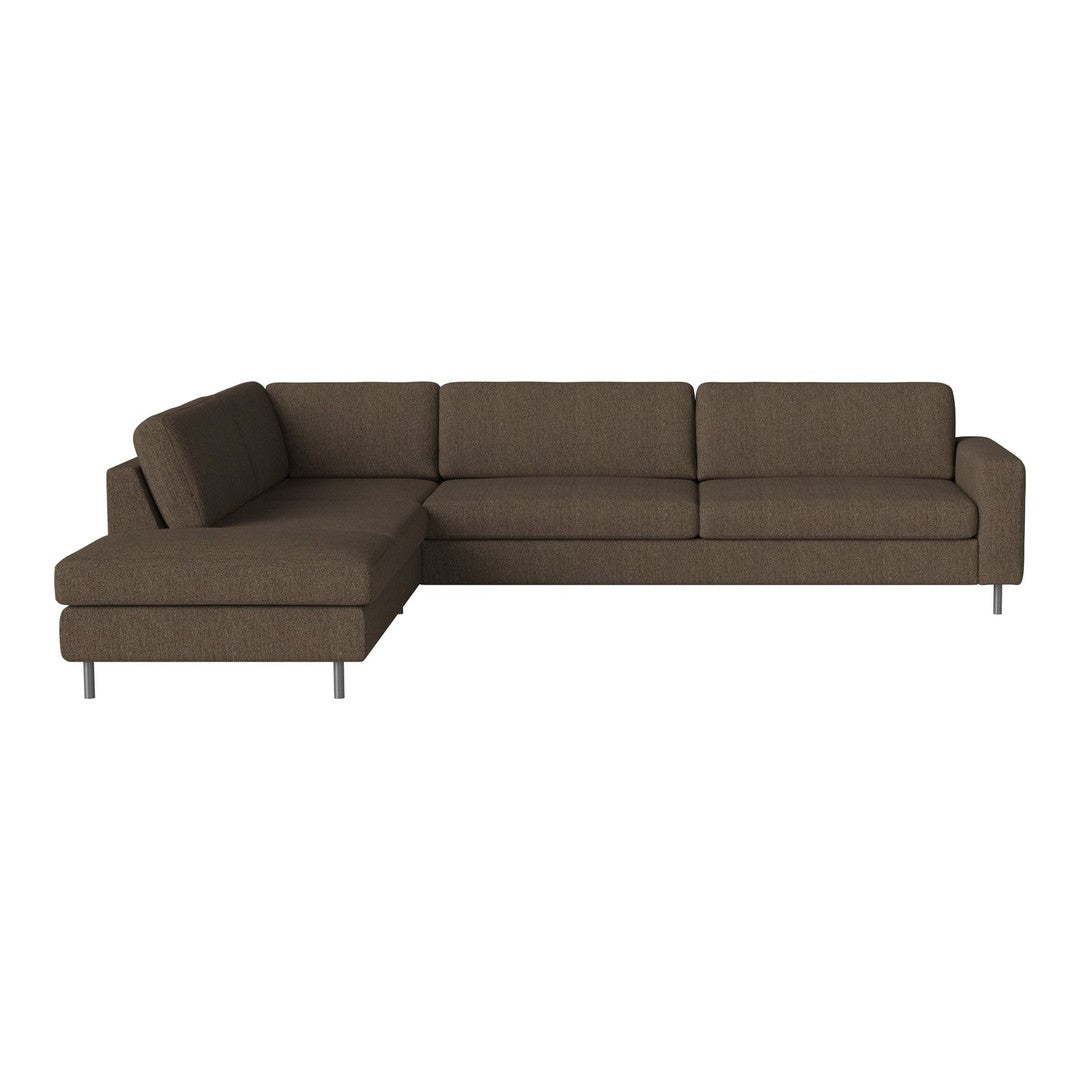 Brown sectional sofa with a modern design and clean lines, featuring a solid color fabric upholstery.