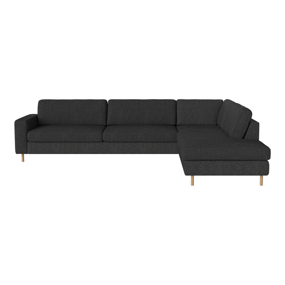 Dark gray upholstered sectional sofa with clean lines and natural wood legs, perfect for modern living spaces.
