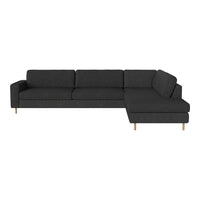 Dark gray sectional sofa with clean lines and a subtle textured pattern. Features wooden legs for a modern touch.