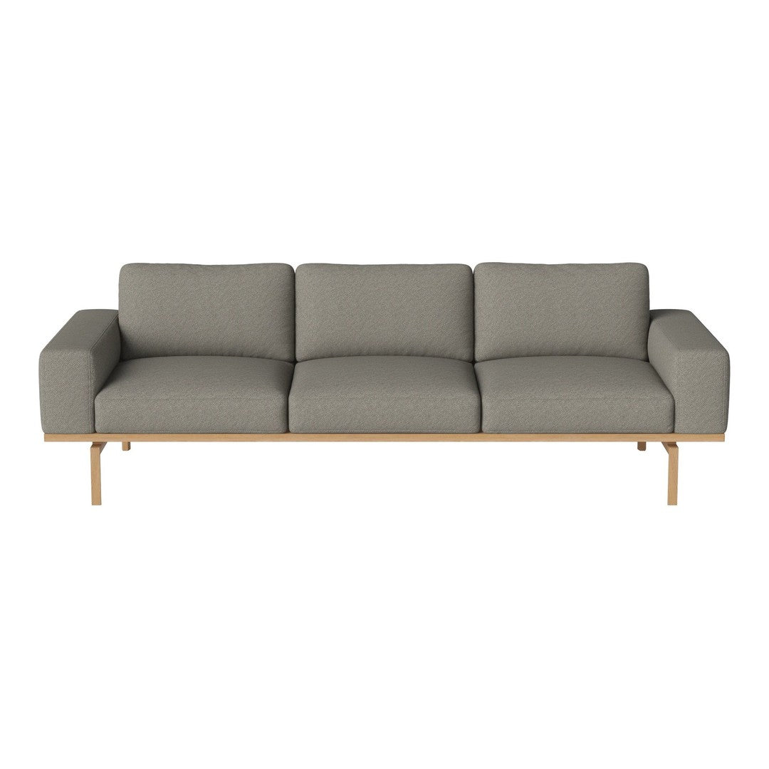 Gray fabric sofa with clean lines and a light wood base, featuring a simple and modern design.