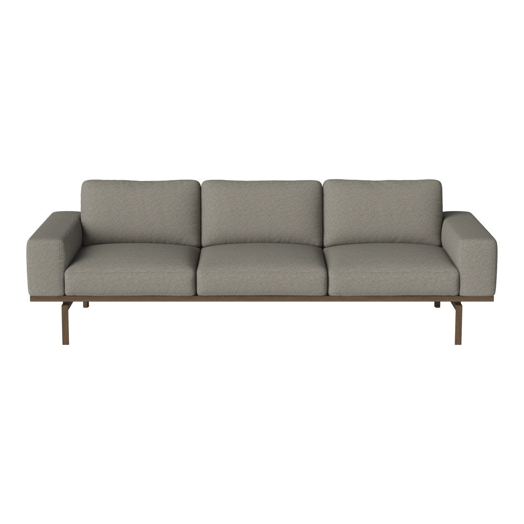 Gray fabric sofa with a sleek design and minimalistic pattern, featuring a wooden base for a modern touch.