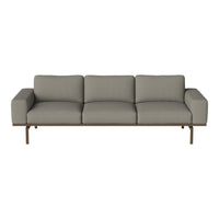 Gray fabric sofa with a sleek design and minimalistic pattern, featuring a wooden base for a modern touch.