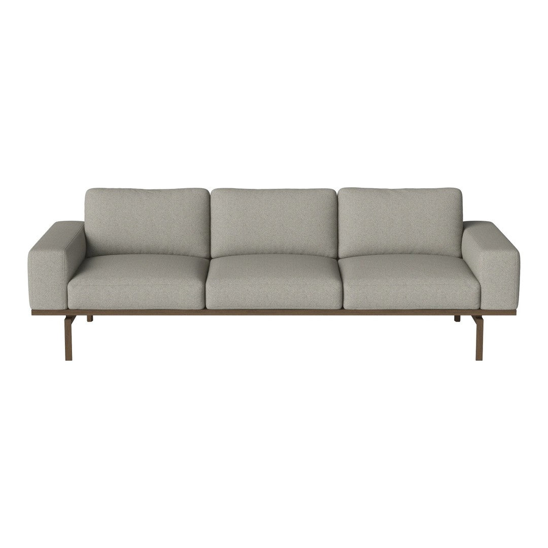 Gray three-seater sofa with solid cushions and sleek wood frame, featuring a minimalist design.