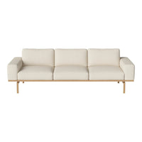 Neutral cream sofa with clean lines and a natural wood base, perfect for modern minimalist decor.