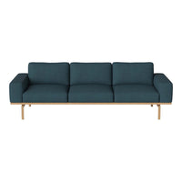 Teal upholstered sofa with a sleek, modern design and light wood frame, featuring simple lines and no visible patterns.