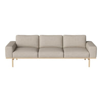 Light beige three-seater sofa with a minimalist design and textured upholstery, featuring a wooden frame.