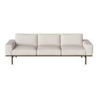 Light beige sofa with clean lines and a minimalist design, featuring plush cushions and a sturdy metal frame.
