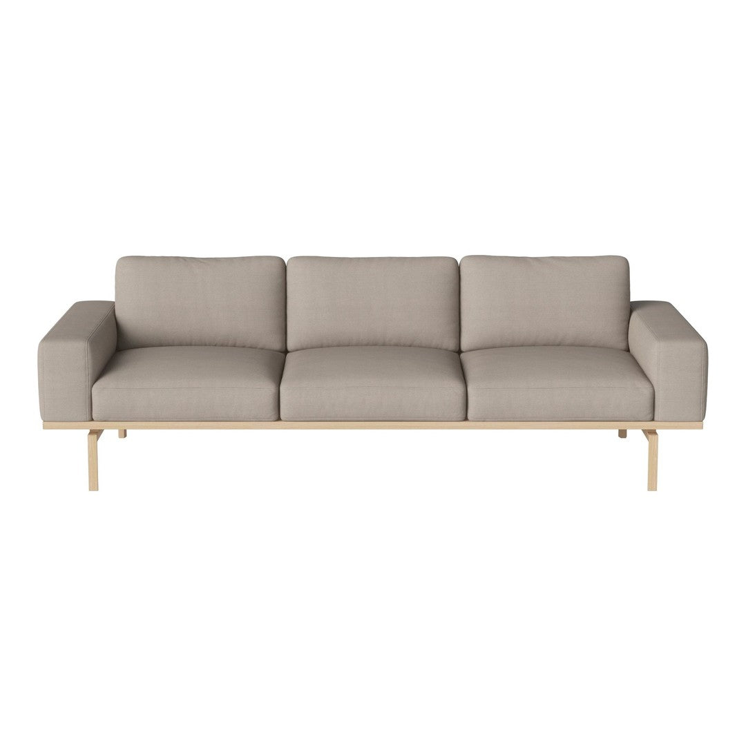 Light gray three-seater sofa with clean lines and a minimalist design, featuring wooden legs and no patterns.