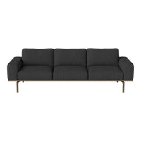 Modern dark gray sofa with clean lines, featuring solid black cushions and a sleek wooden base. Perfect for contemporary decor.