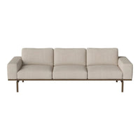 Light beige three-seat sofa with smooth, textured fabric and minimalist design. Elegant metal legs in a warm finish.