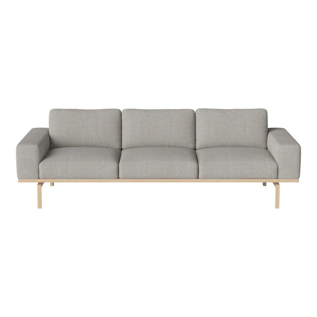 Light gray three-seat sofa with a minimalist design and wooden frame. Perfect for modern interiors.