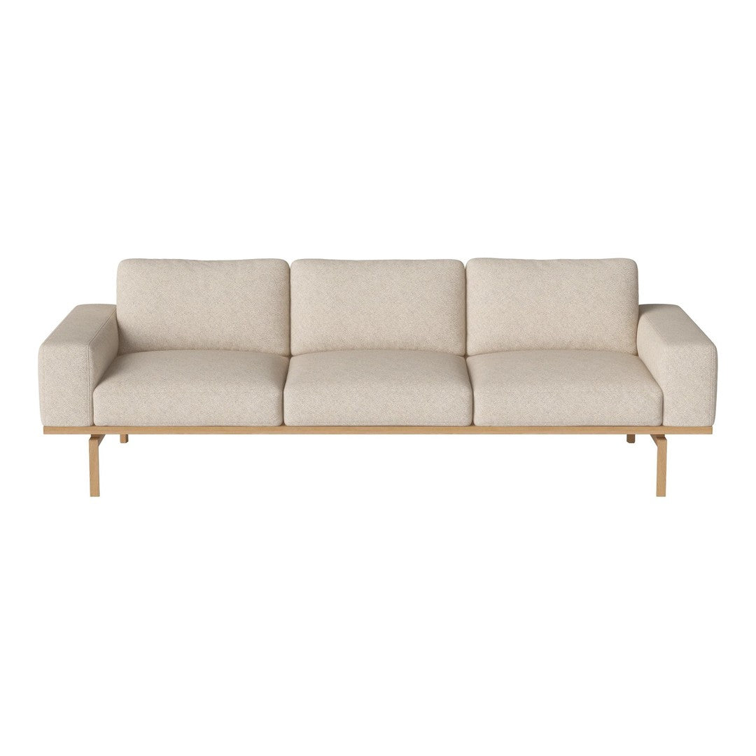 Beige three-seater sofa with a minimalist design and natural wood legs, perfect for modern decor.