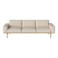 Beige three-seater sofa with a minimalist design and natural wood legs, perfect for modern decor.