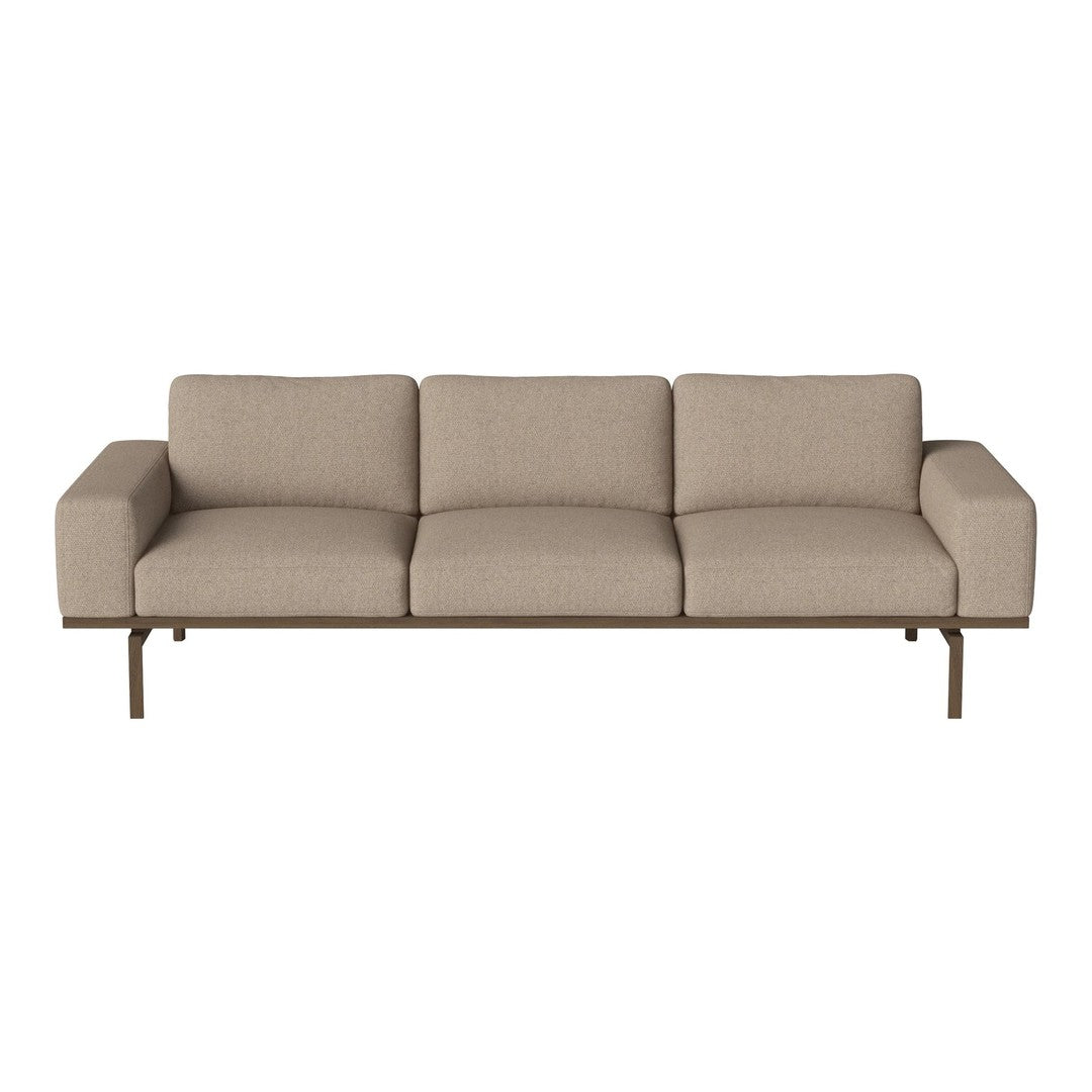 Beige three-seater sofa with a textured fabric and sleek metal legs, ideal for modern home decor.