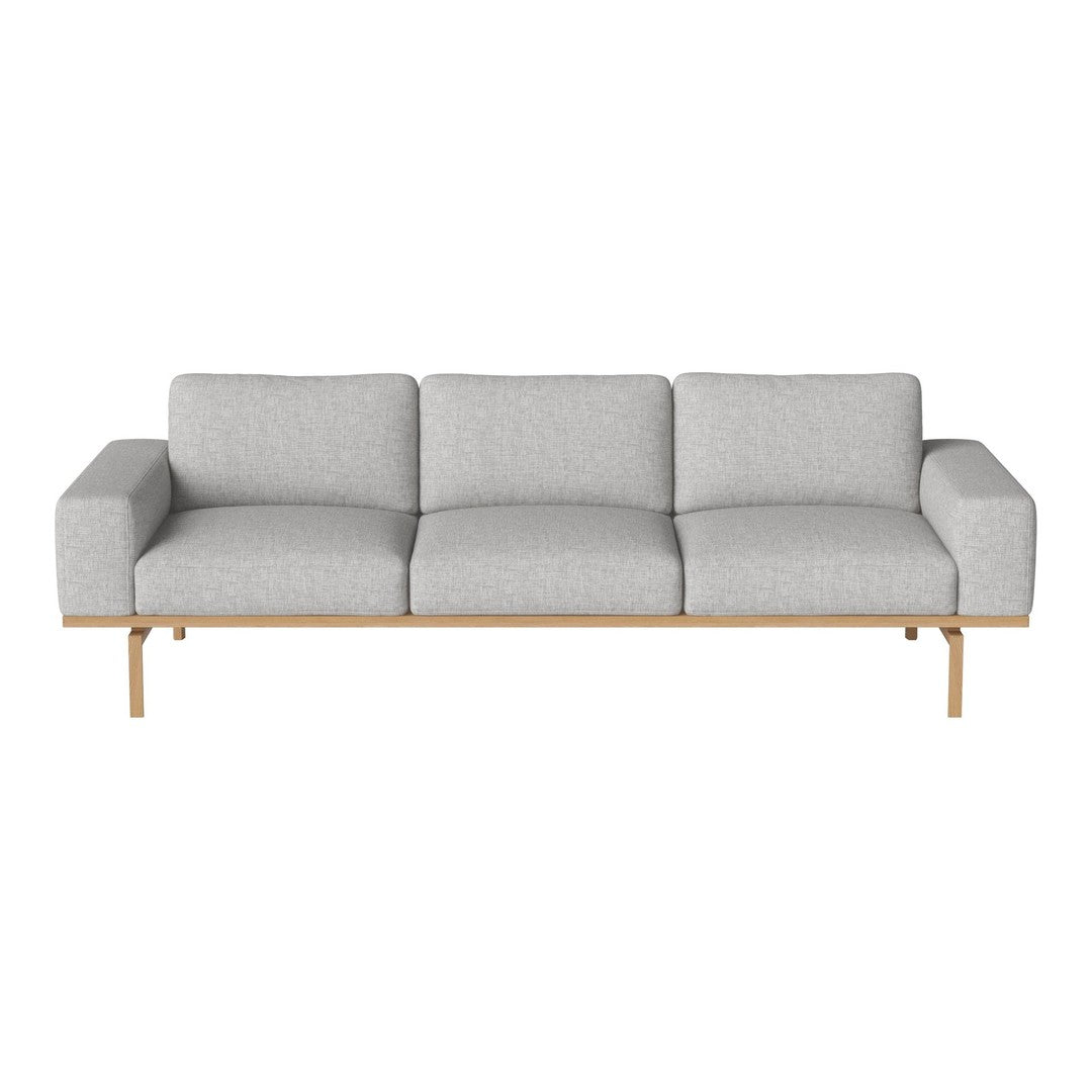 Light gray upholstered sofa with a modern design and natural wood legs. Minimalist and versatile for any decor.