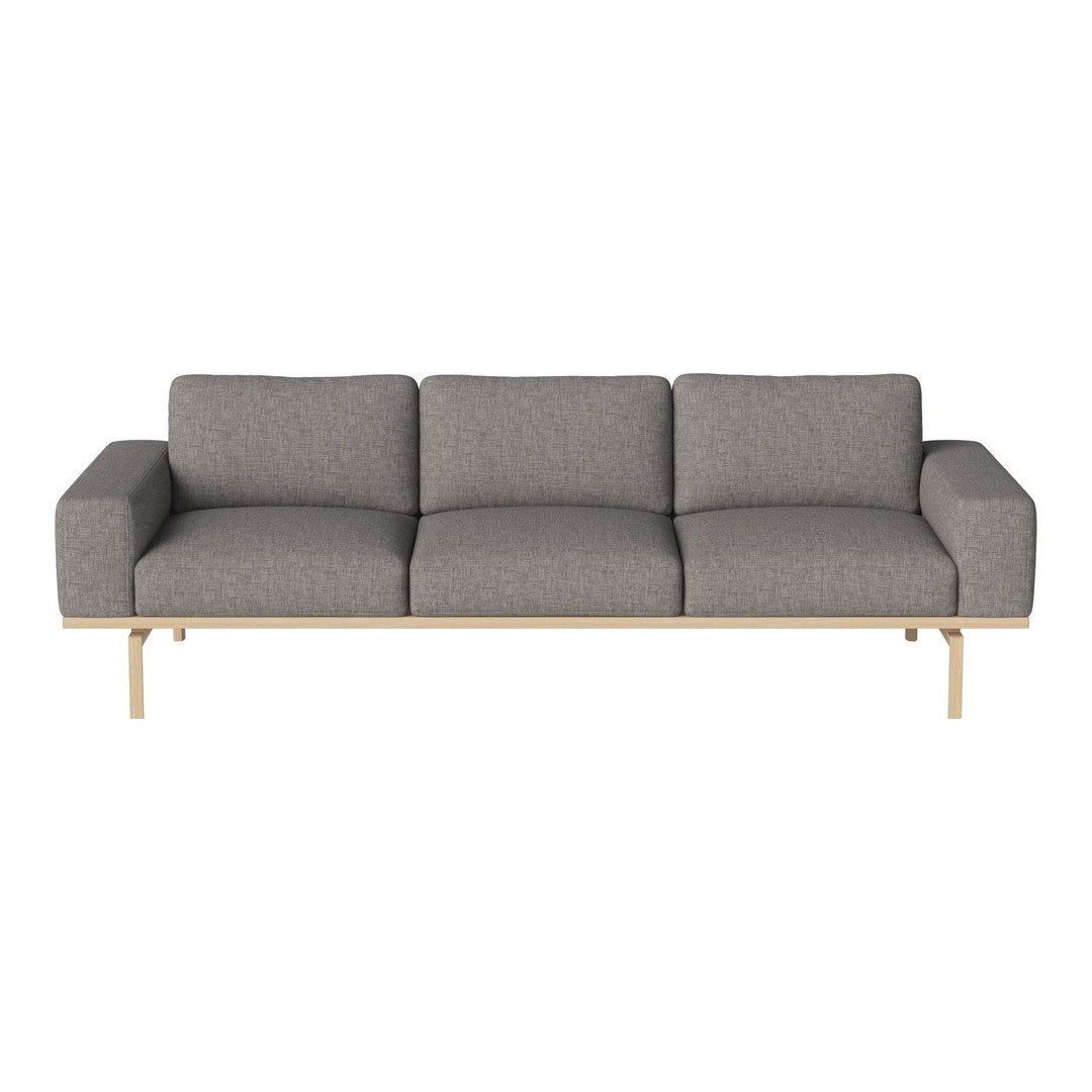 Gray fabric sofa with a minimalist design and natural wood legs, featuring clean lines and no patterns.