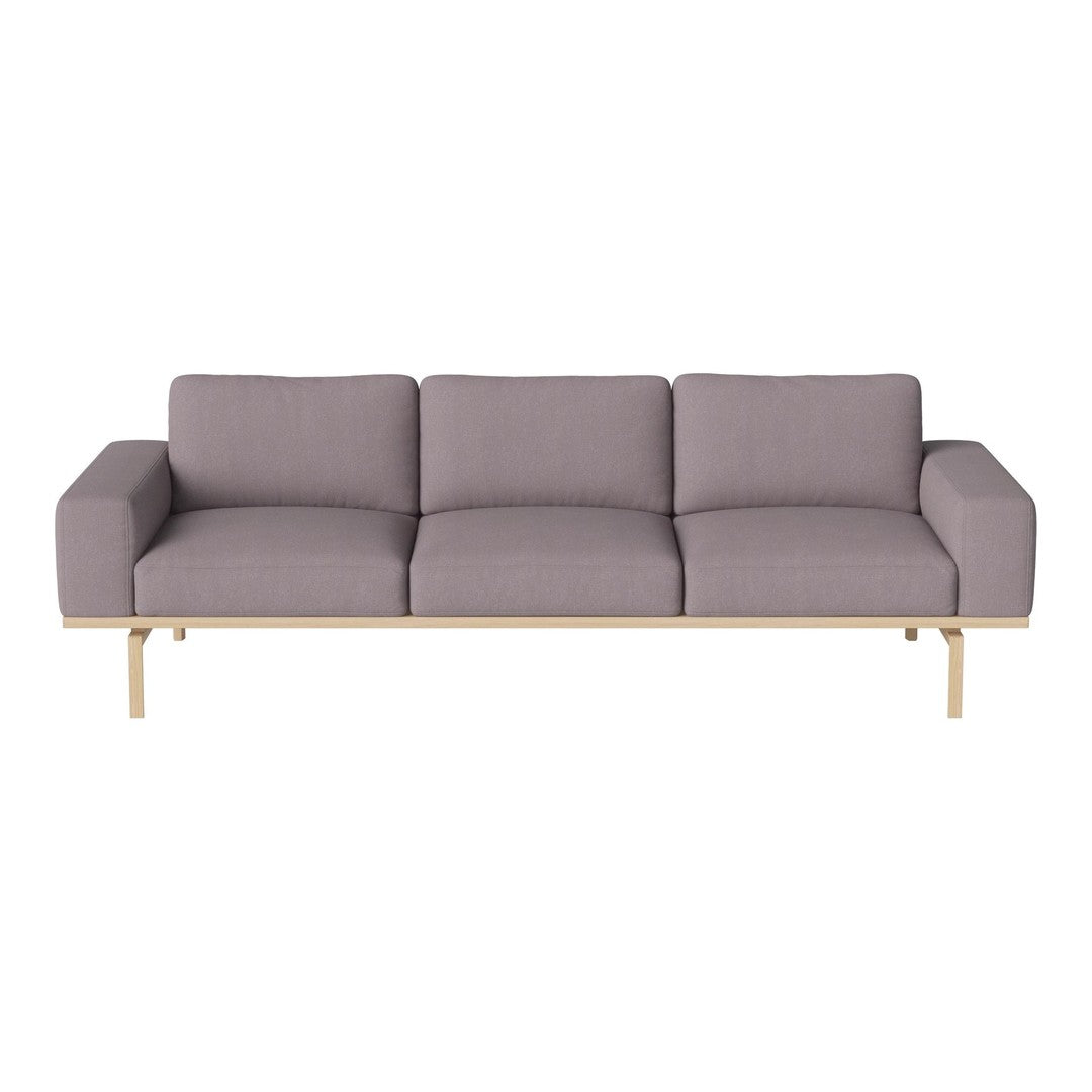 Modern gray three-seater sofa with clean lines and a light wooden base, featuring subtle textured upholstery.