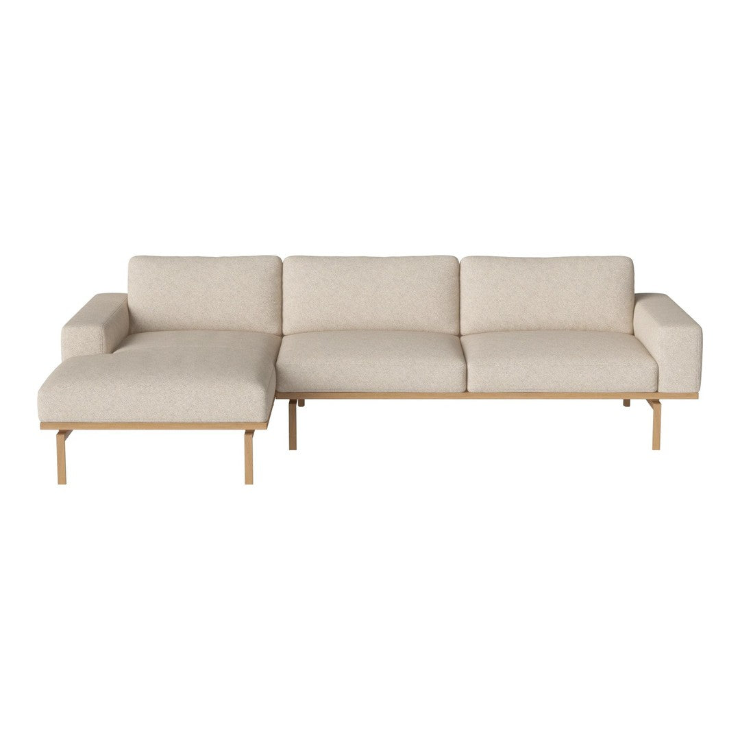 Beige sectional sofa with a minimalist design and textured fabric, featuring a light wooden frame.