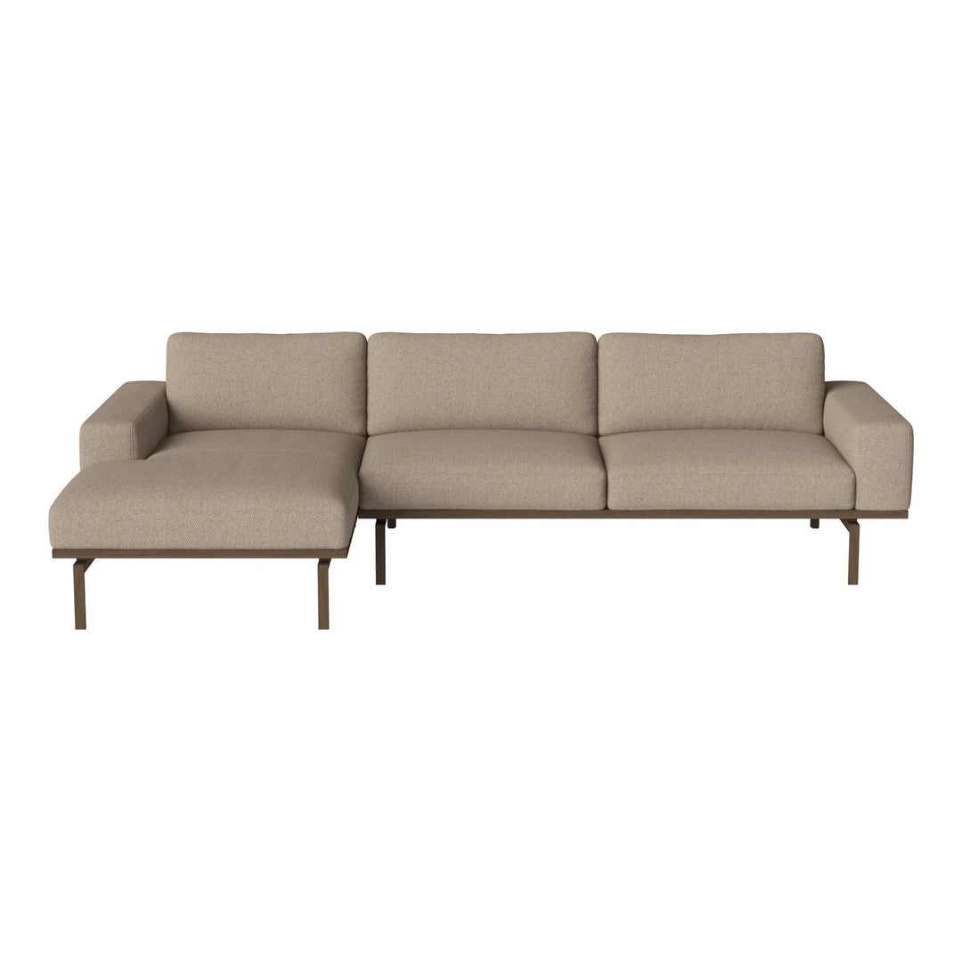 Beige sectional sofa with a minimalist design and smooth fabric, featuring a modern metal frame.