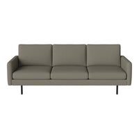 Gray three-seat sofa with a minimalist design and clean lines. Soft fabric upholstery and sleek black metal legs.
