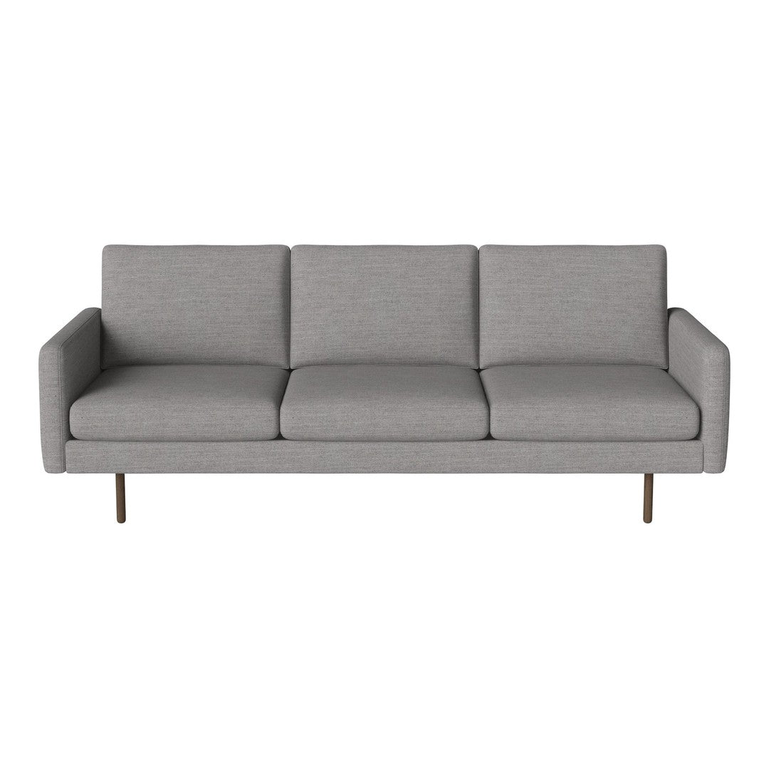 Gray three-seater sofa with clean lines and smooth fabric, featuring subtle texture and minimalistic design.