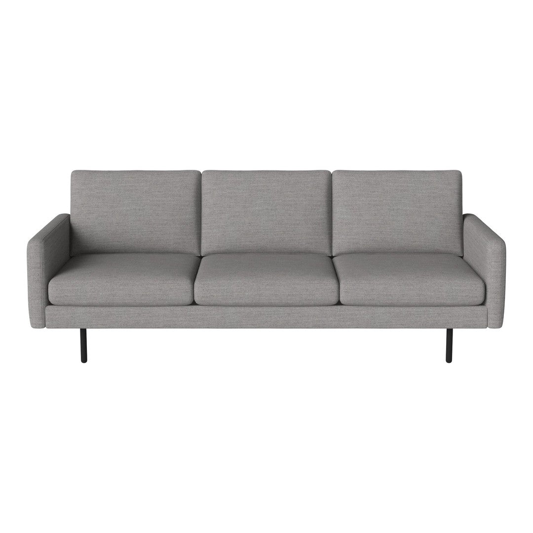 Gray modern sofa with a minimalist design and sleek lines, featuring a solid color fabric and black metal legs.
