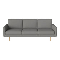 Modern grey sofa with streamlined silhouette and soft fabric upholstery, featuring minimalist wooden legs.